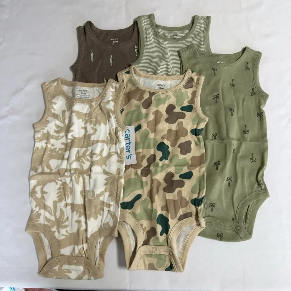 Carter's Baby Boy 5-Pack Dinosaur Sleeveless Bodysuits Size 12 Months Green Tan